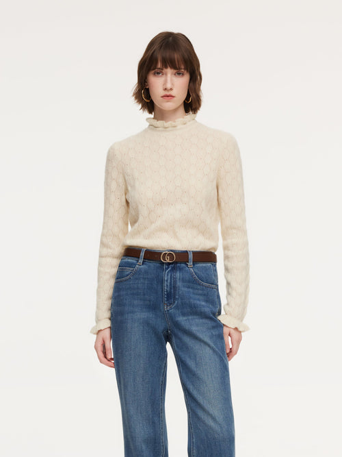 100% Cashmere Ruffle Neck Women Sweater