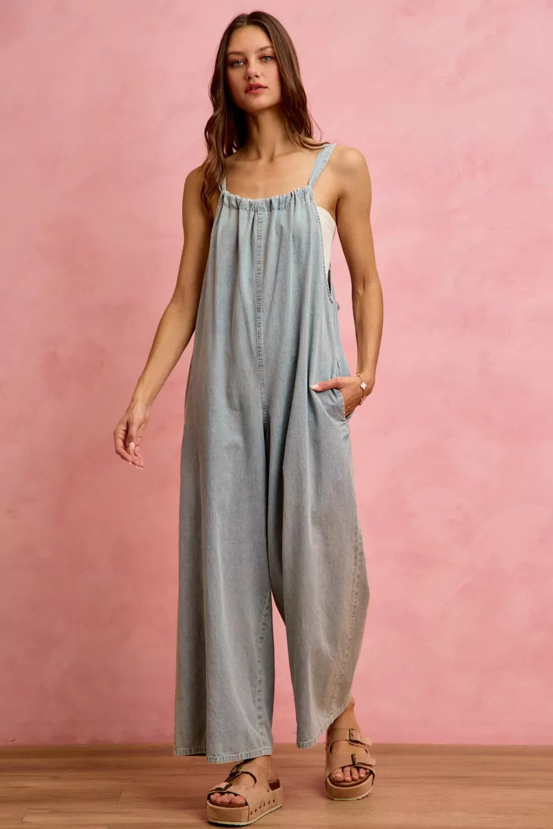 SO ME Wide Leg Lightweight Denim Overalls