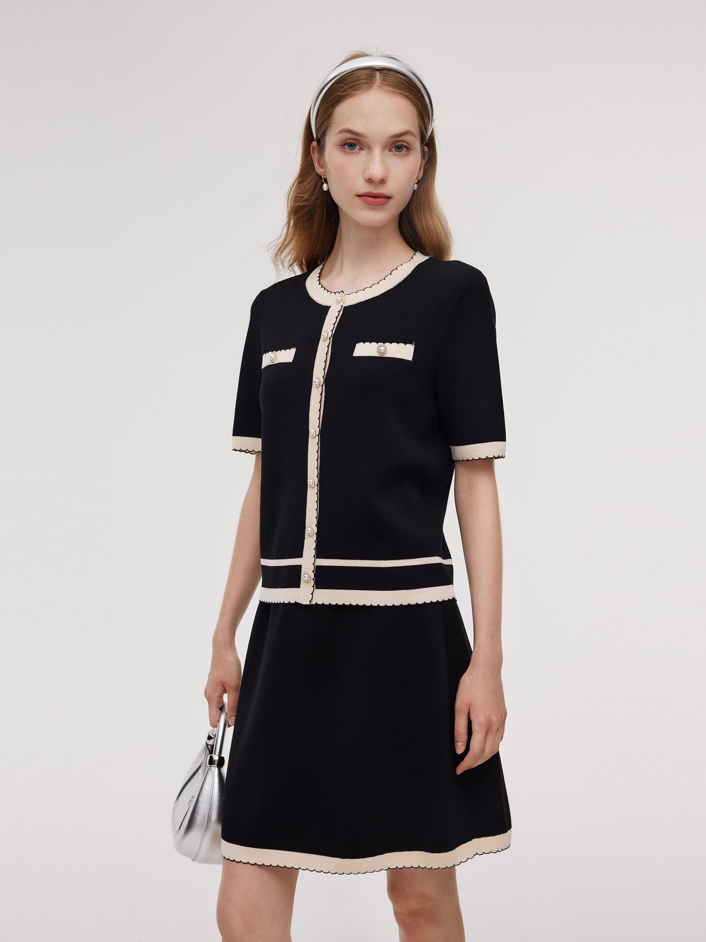 Lyocell Blend Contrast Trim Cardigan And Mini Skirt Two-Piece Set