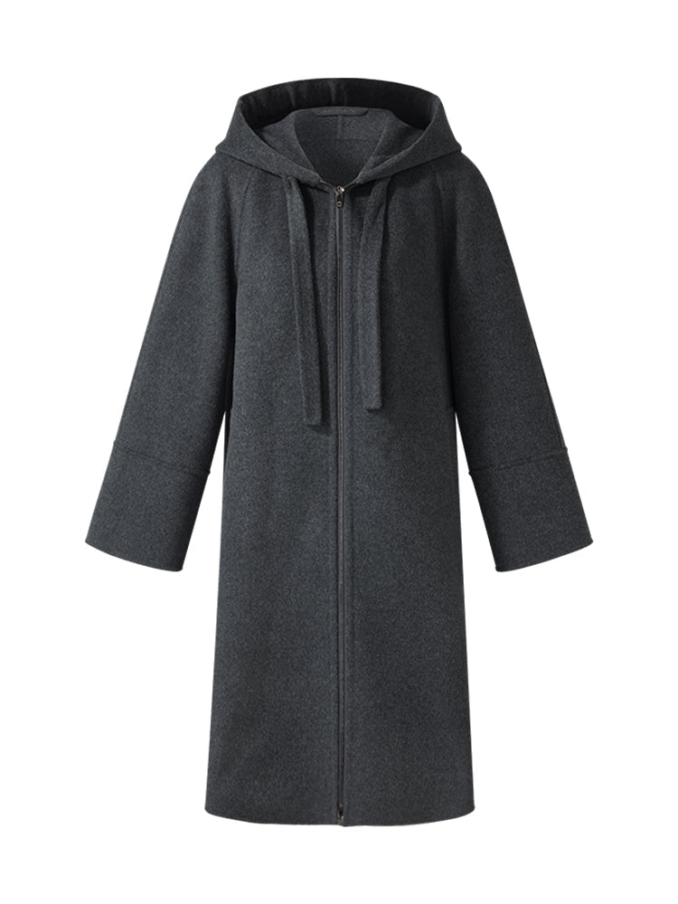 100% Wool Double-Faced Hooded Zip-Up Women Overcoat
