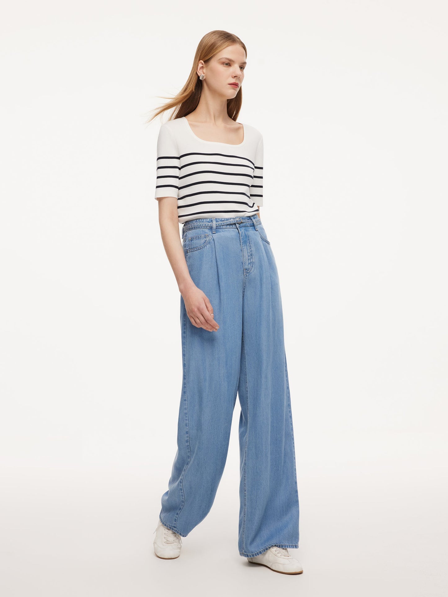 100% Lyocell Denim Women Straight Leg Jeans With Belt