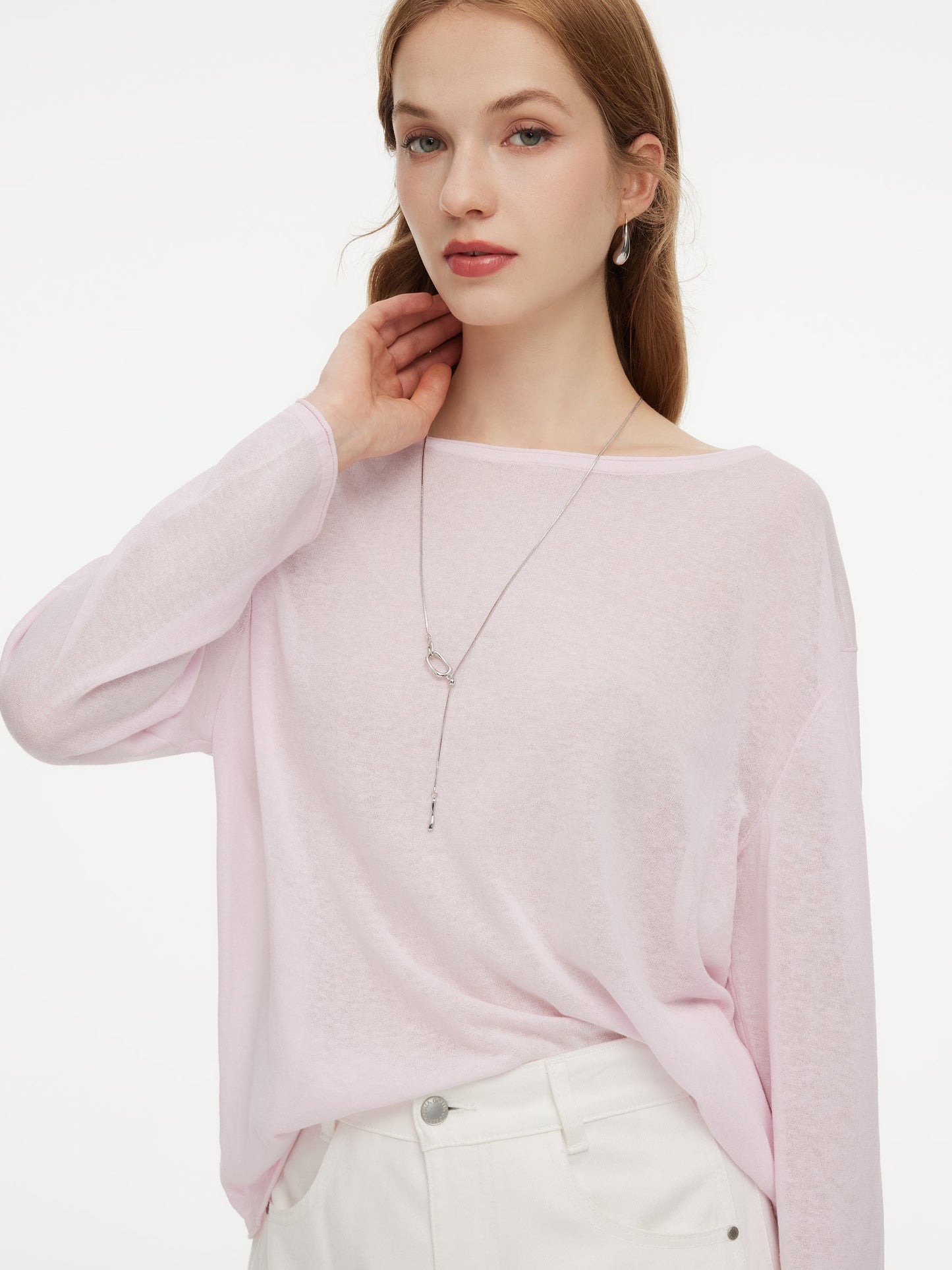 Triacetate Linen Cotton Blend Boat Neck Women Lightweight Knit Top
