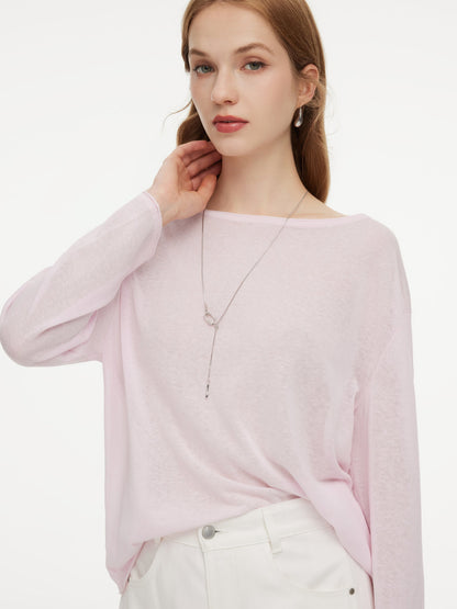 Triacetate Linen Cotton Blend Boat Neck Women Lightweight Knit Top