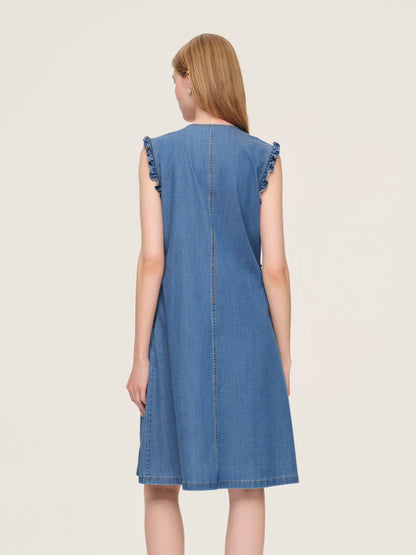 Lyocell Blend Denim V-Neck Women Sleeveless Midi Dress