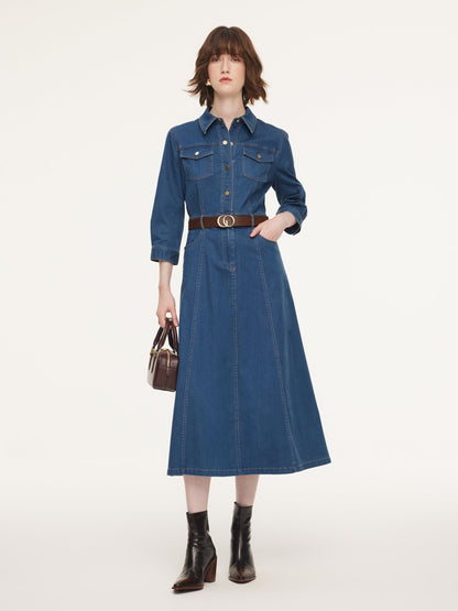 Denim Gathered Waist Women Maxi Dress With Belt