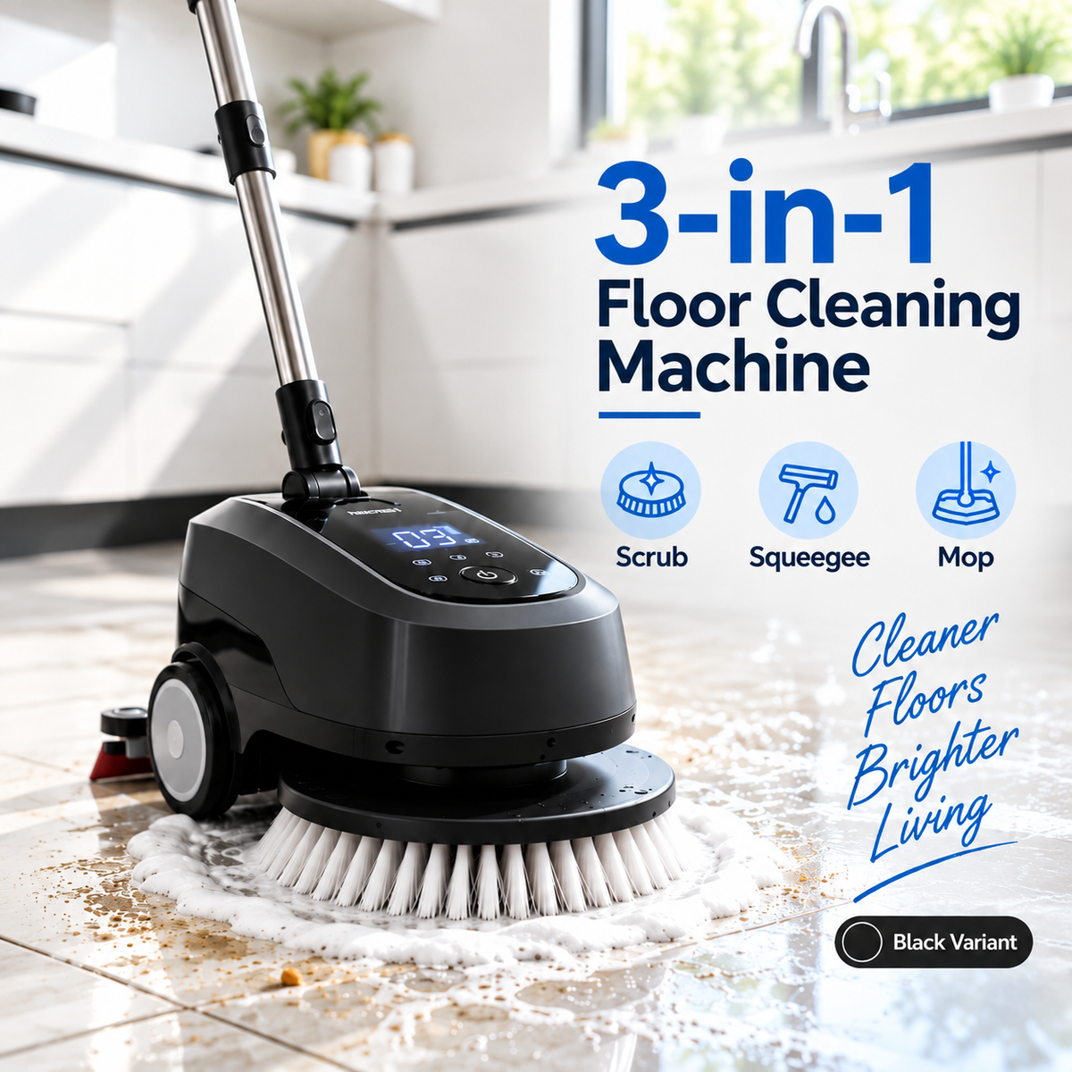 UltraClean 3-in-1 Electric Floor Scrubber – Rotating Brush, Squeegee & Mop Cleaning System