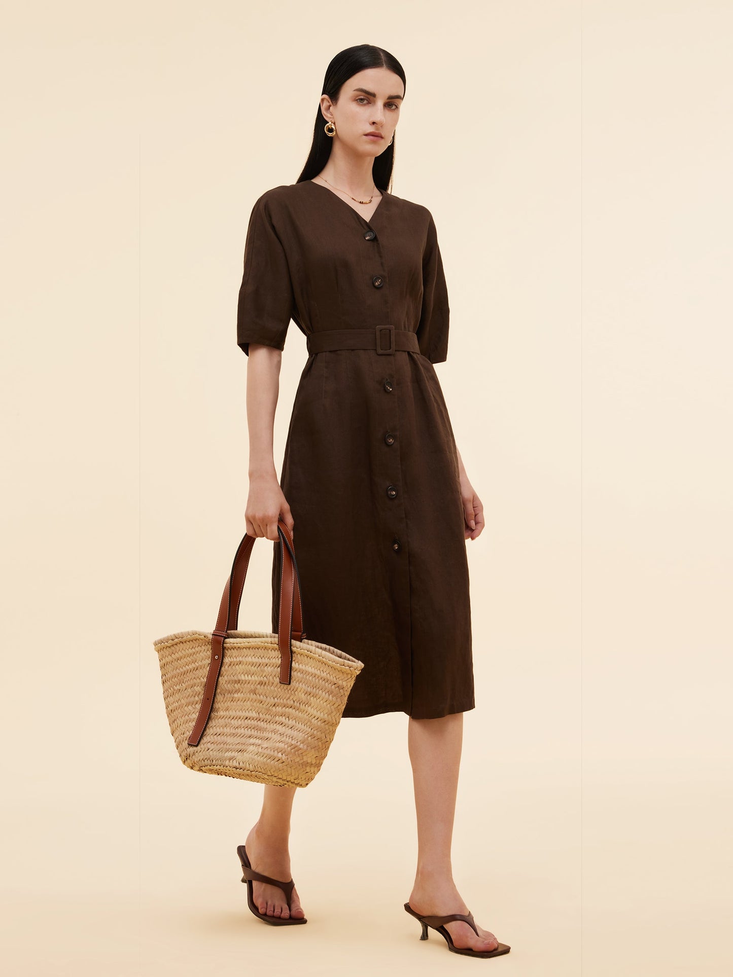 100% Linen Women V-Neck Midi Dress With Belt