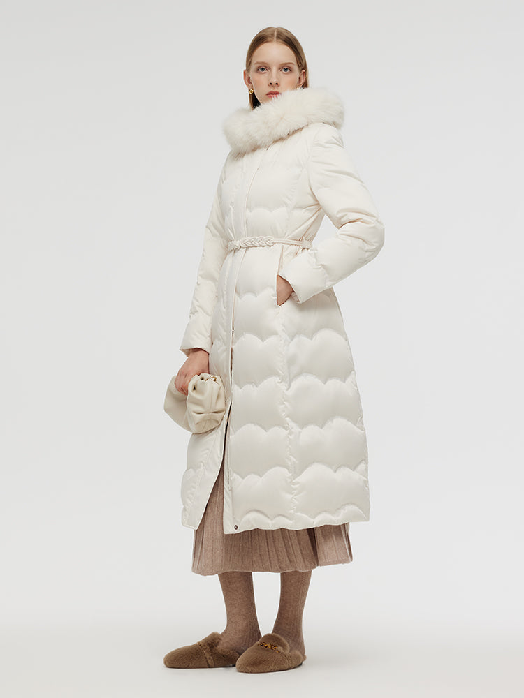 Belted Long Goose Down Coat With Detachable Faux Fur Hood