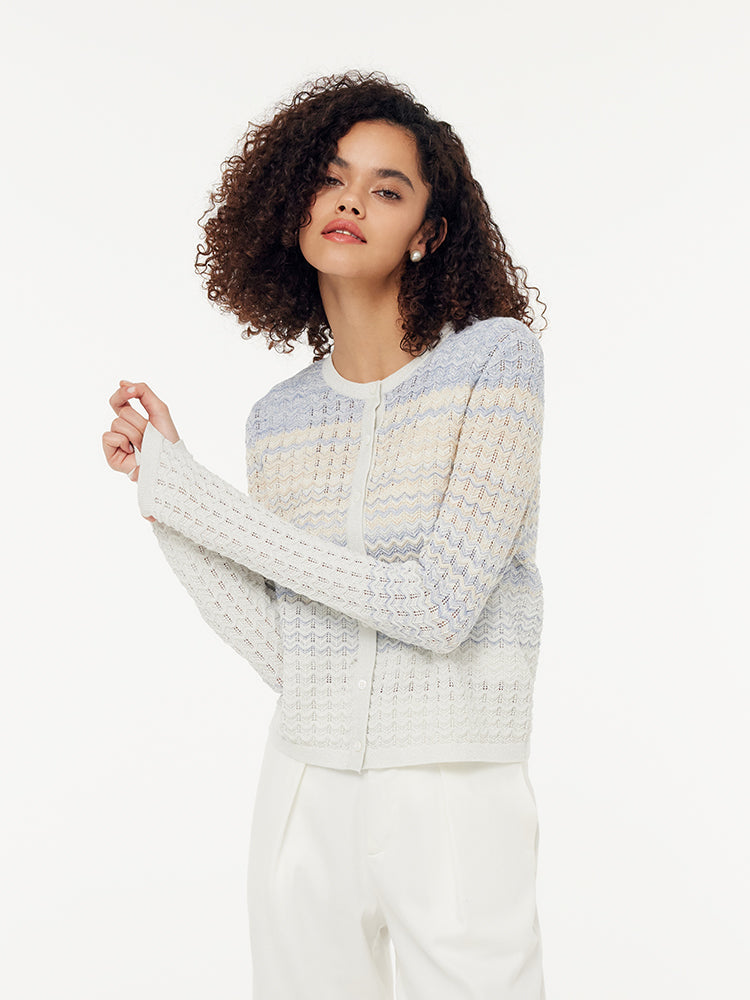 Cotton Blue And White Gradient Stripe Women Cardigan
