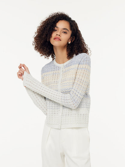 Cotton Blue And White Gradient Stripe Women Cardigan