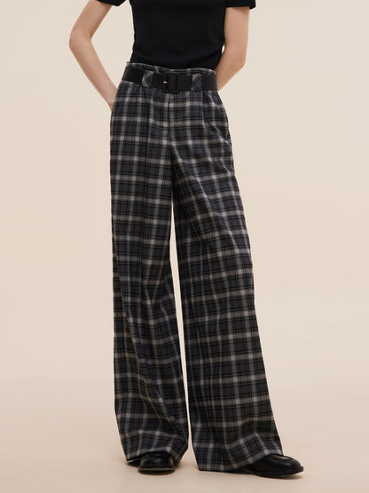 Plaid Loose Wide Leg Women Pants With Leather Belt