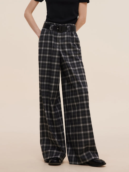 Plaid Loose Wide Leg Women Pants With Leather Belt