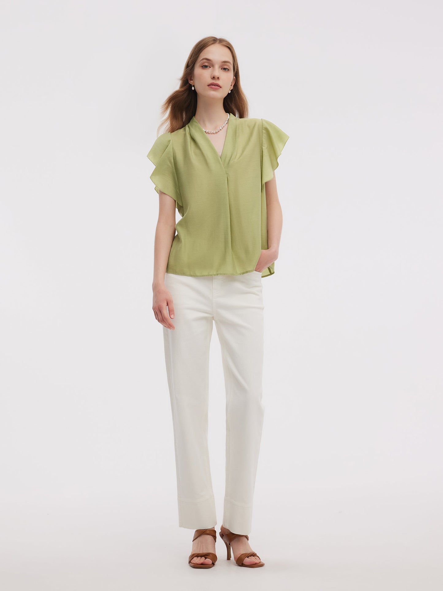 Acetate Blend V-Neck Women Ruffle Sleeve Blouse