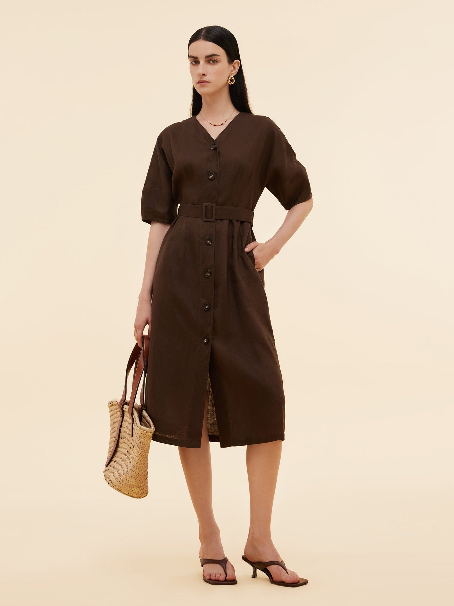 100% Linen Women V-Neck Midi Dress With Belt