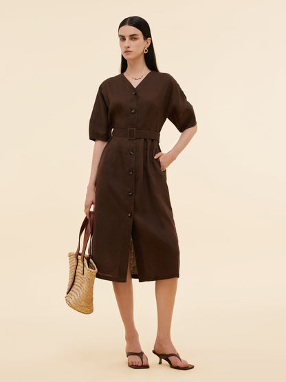 100% Linen Women V-Neck Midi Dress With Belt