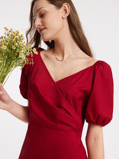 V-Neck Ruffle Cotton Midi Dress