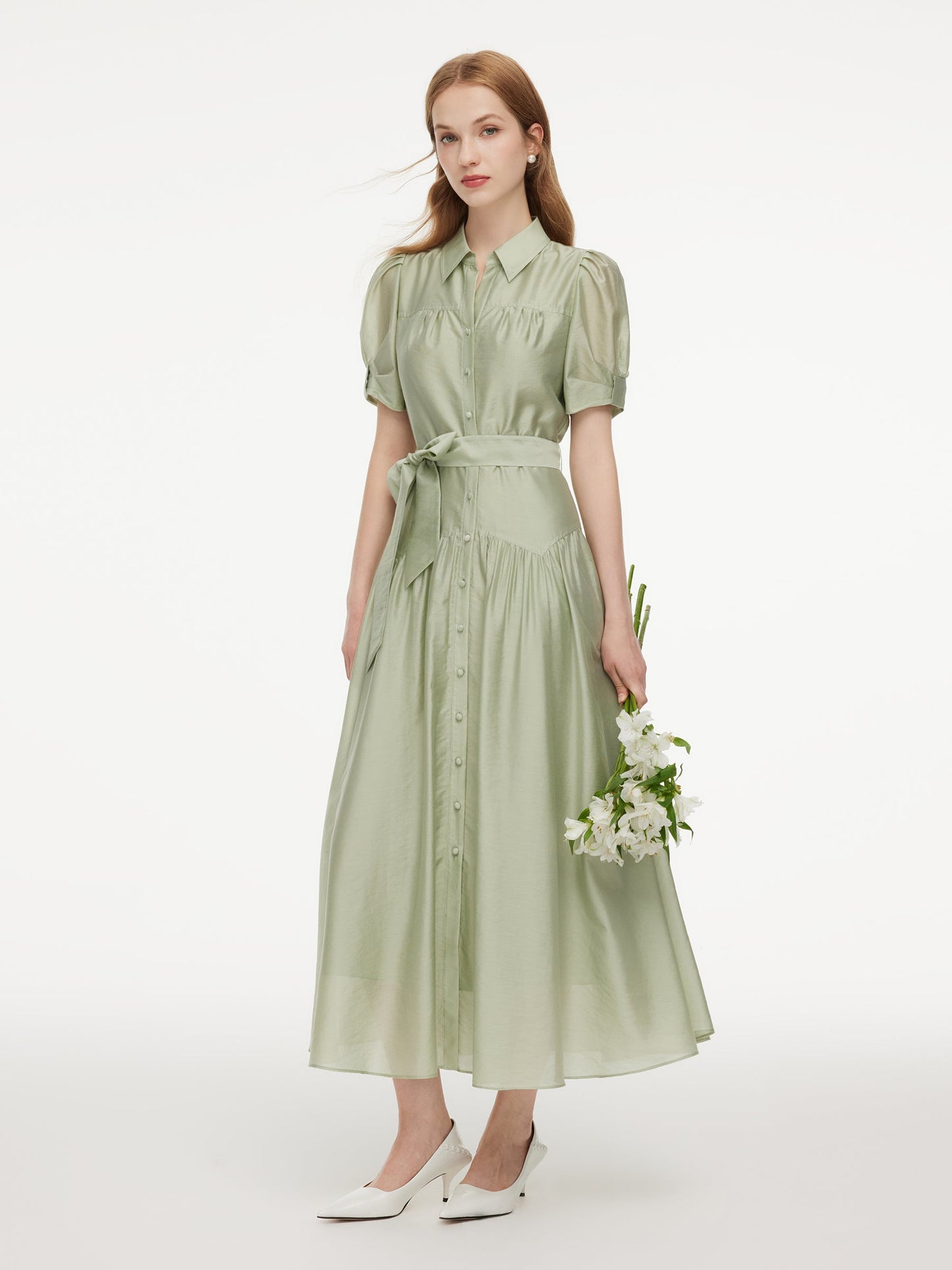 Tencel Blend Puff Sleeve Women Belted Maxi Shirt Dress