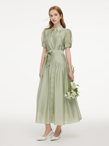Tencel Blend Puff Sleeve Women Belted Maxi Shirt Dress