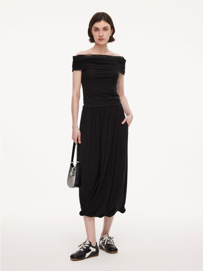Tencel Blend Off Shoulder Knit Top And Bubble Hem Skirt Two-Piece Set