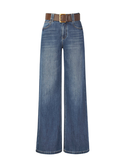 Lyocell Blend Denim Women Flared Palazzo Jeans With Belt