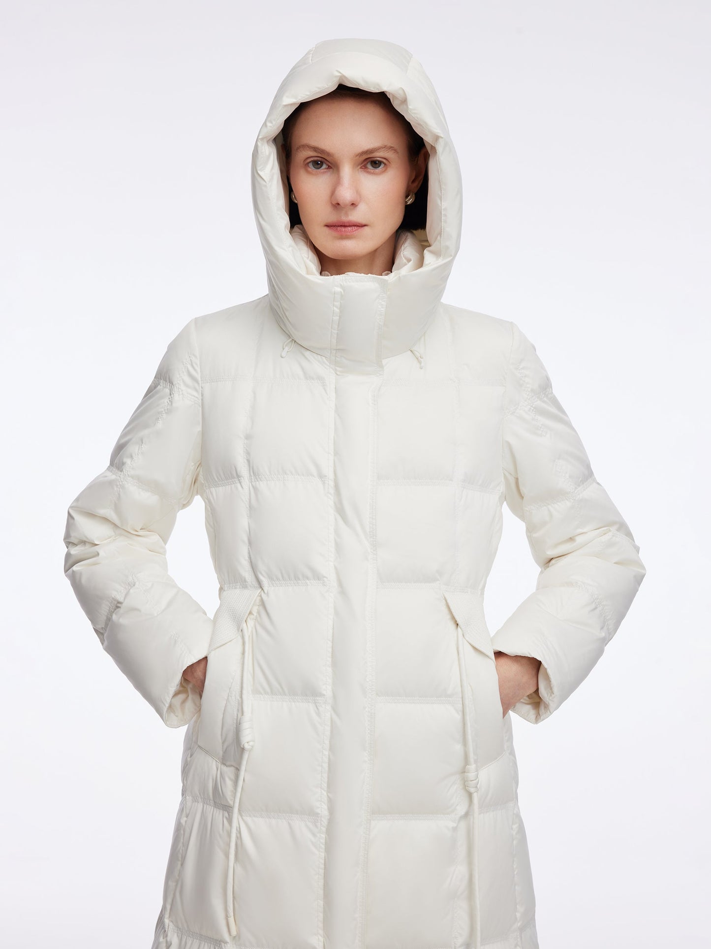 Drawstring Adjustable Waist Hooded Long Goose Down Coat