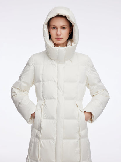 Drawstring Adjustable Waist Hooded Long Goose Down Coat
