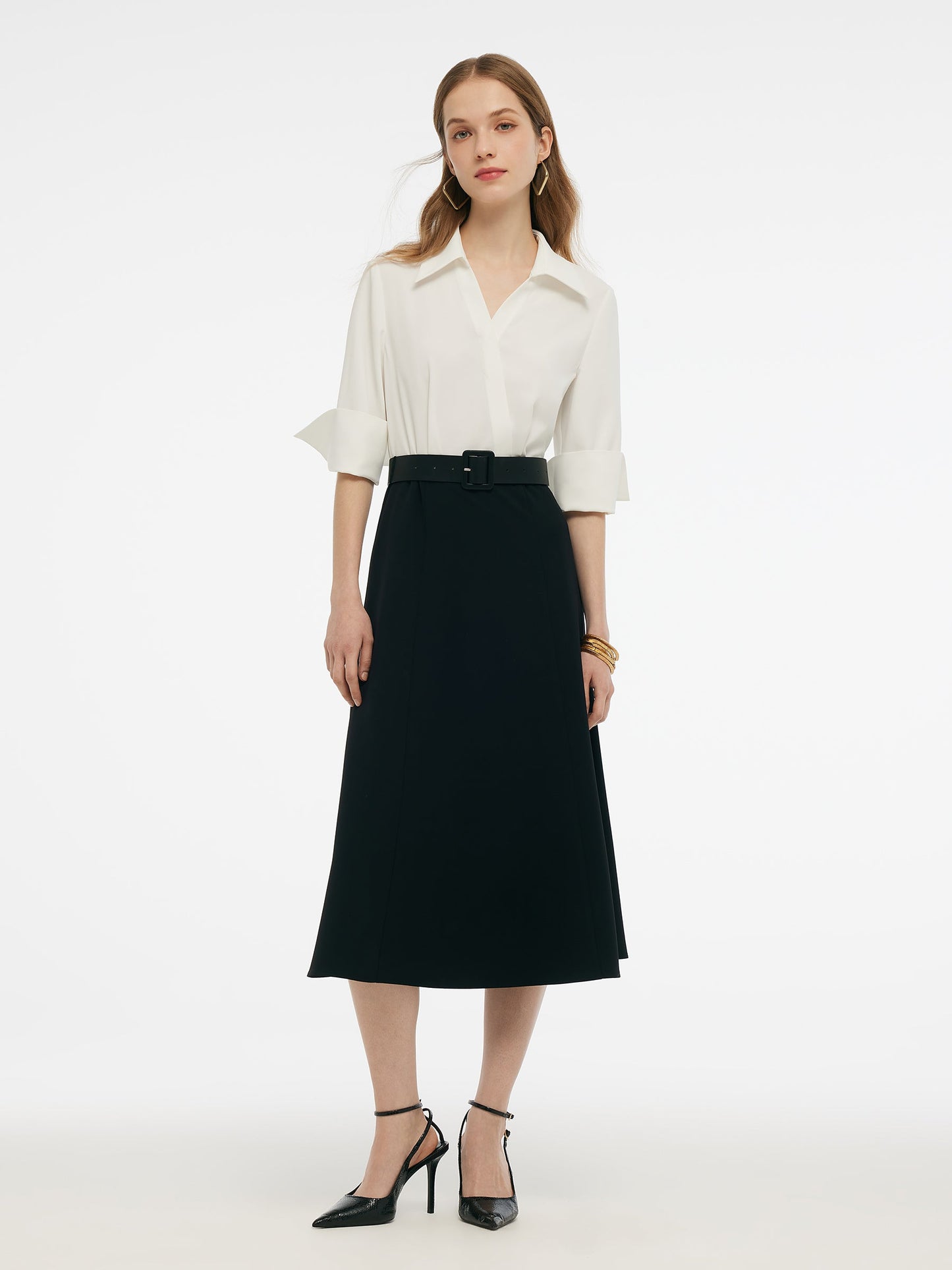 Pre-Order Faux-Layered Color Block Women Midi Dress With Leather Belt