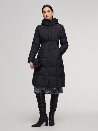 Windproof Hooded Goose Down Coat With Belt
