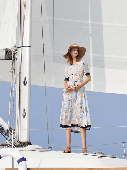19 Momme Silk Map Print Midi Dress