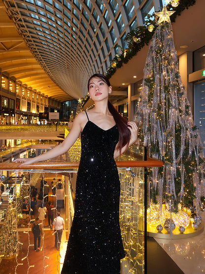 Velvet Sequins Women Strap Midi Dress