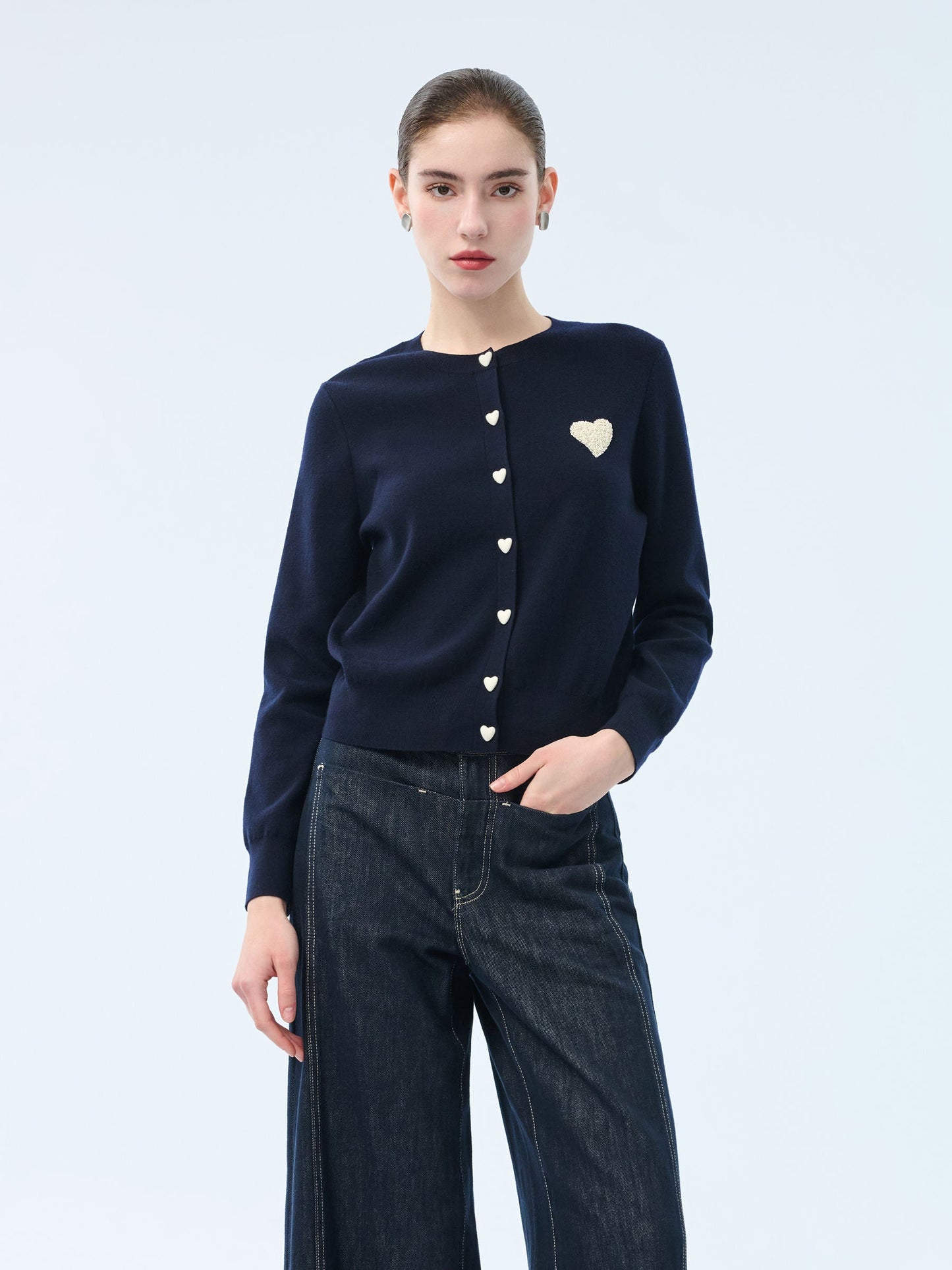 Tencel Wool Blend Heart Print Women Cardigan