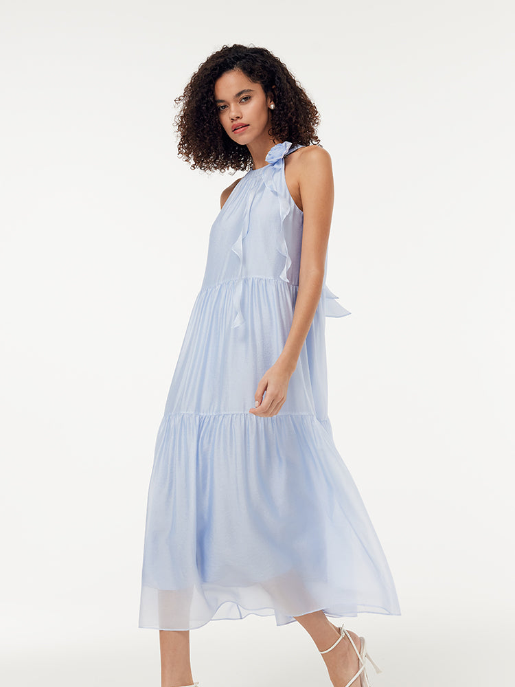Women Halter Maxi Dress With Detachable Flower