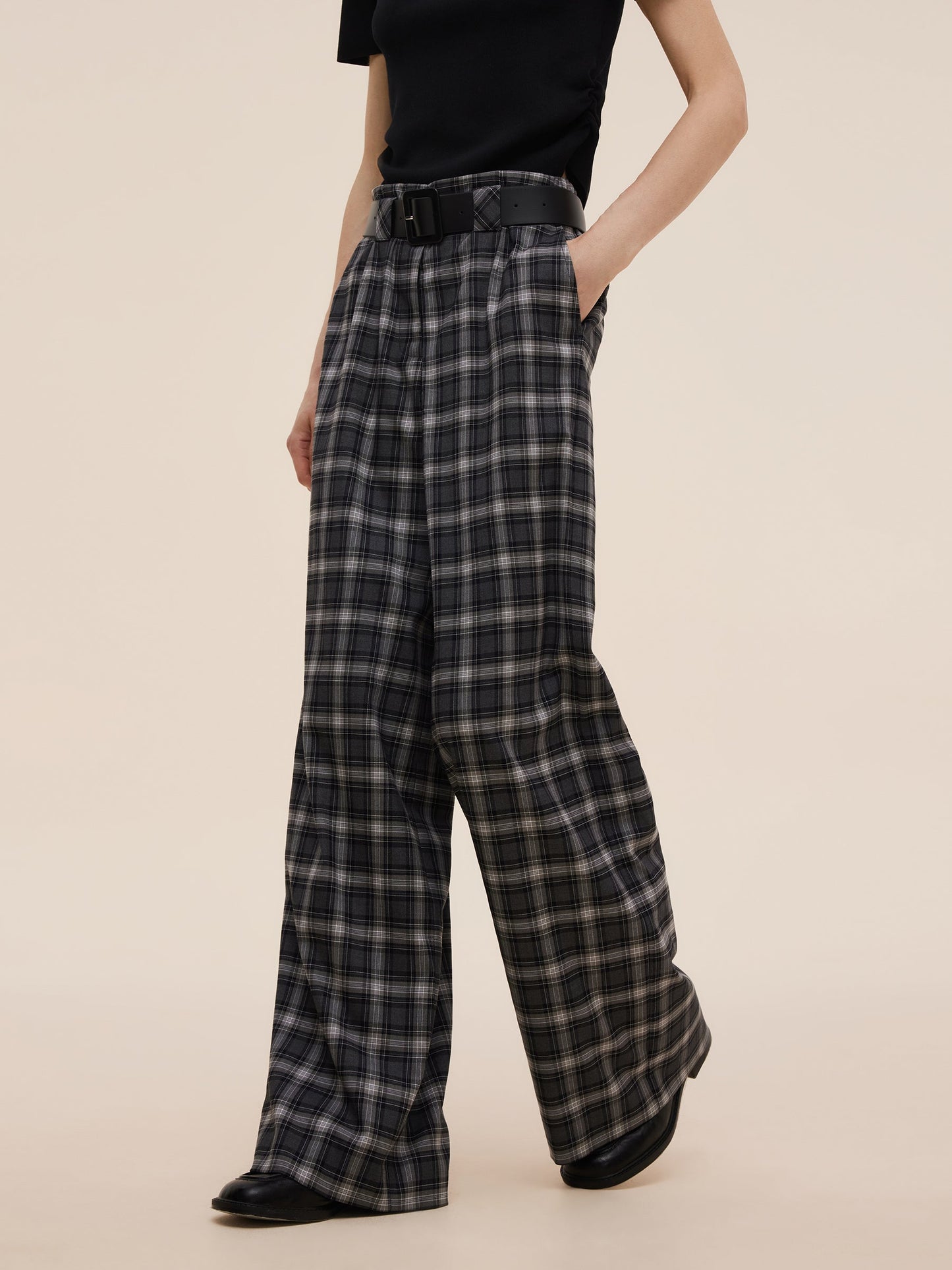 Plaid Loose Wide Leg Women Pants With Leather Belt