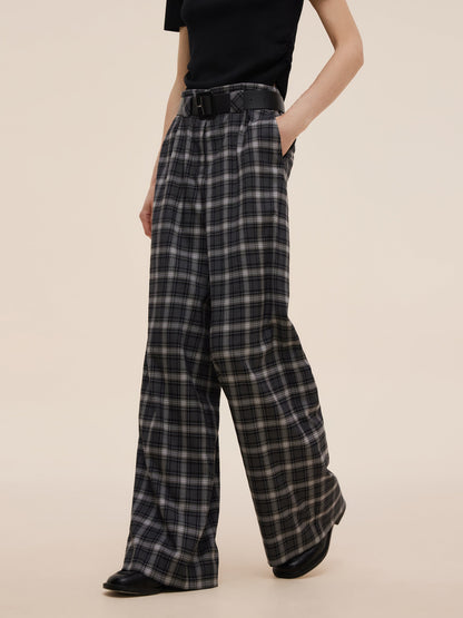 Plaid Loose Wide Leg Women Pants With Leather Belt