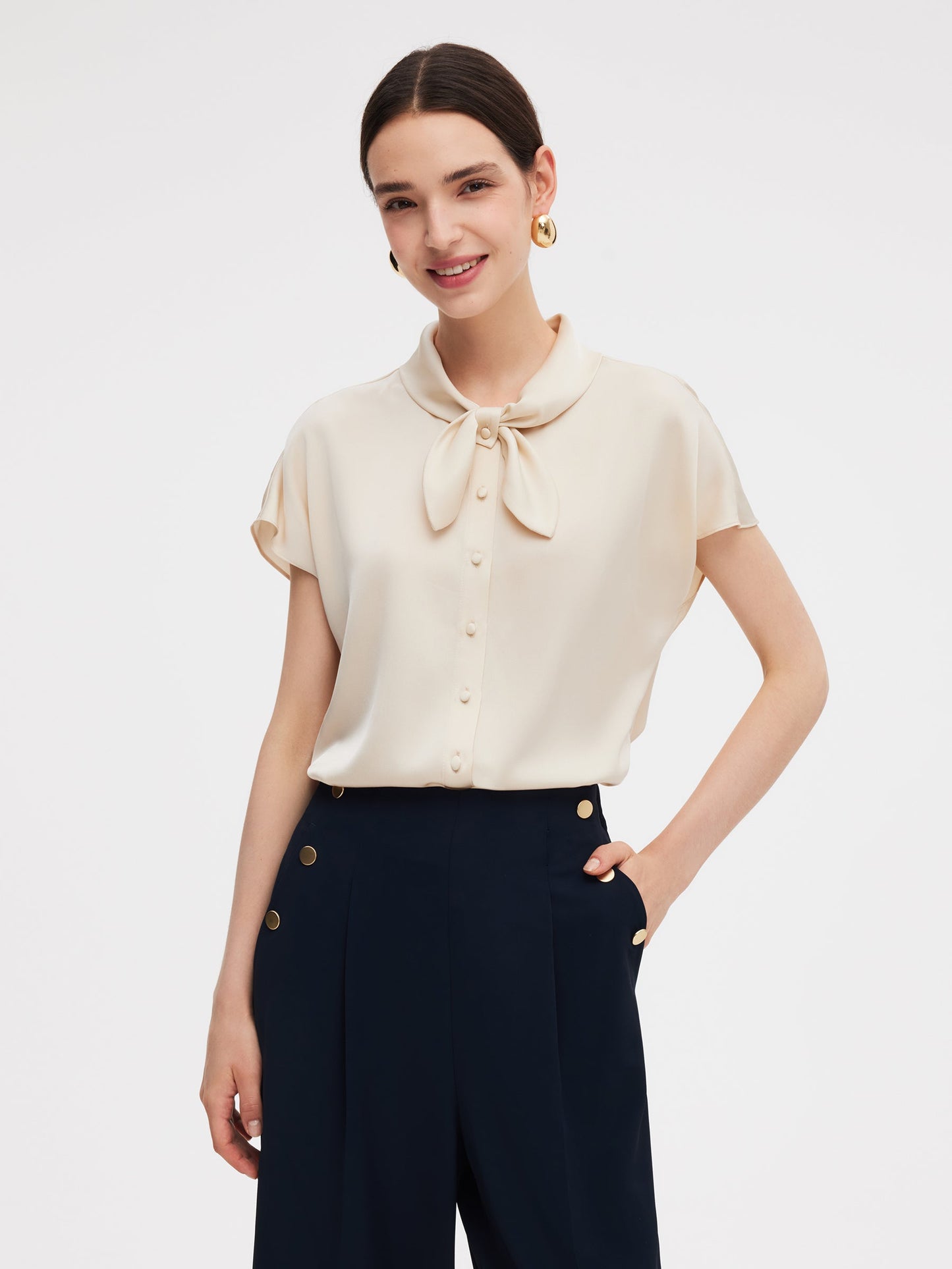 22MM Mulberry Silk Women Bow Tie Neck Shirt