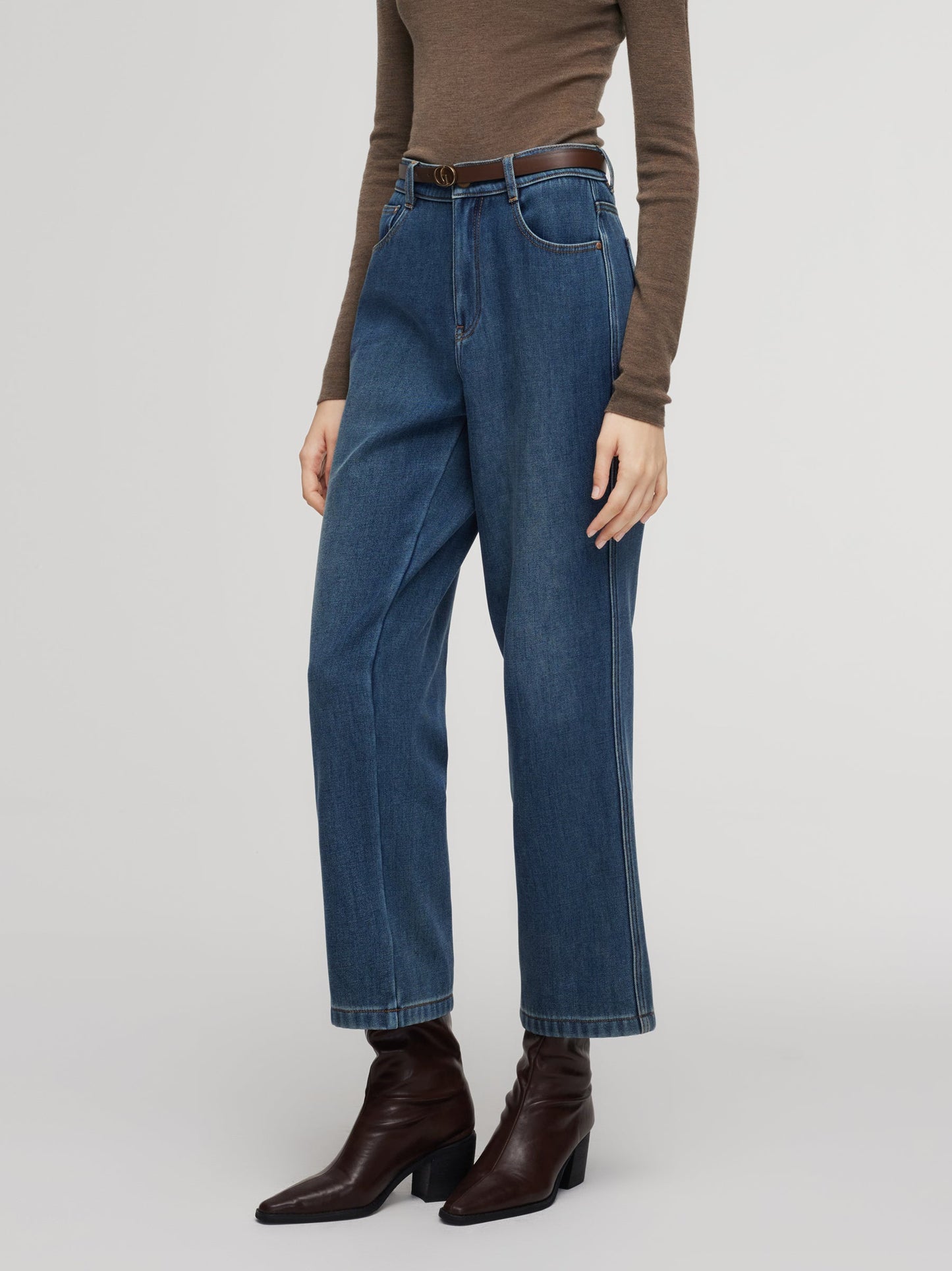 100% Cotton Denim Fleece Lined Women Straight Ankle Length Jeans