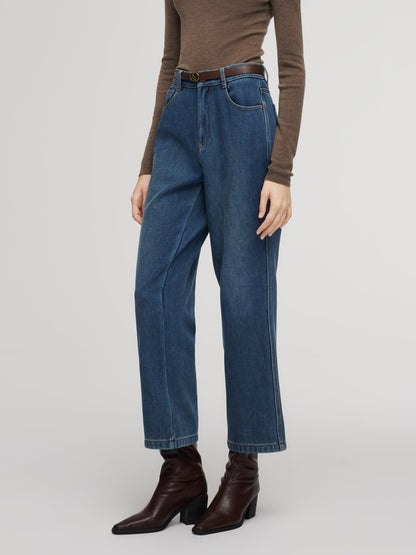 100% Cotton Denim Fleece Lined Women Straight Ankle Length Jeans