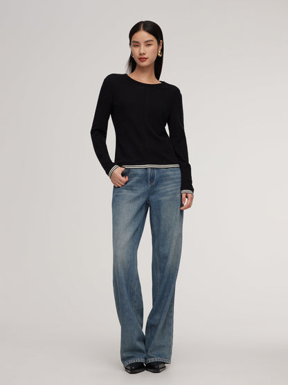100% Wool Contrast Trim Women Knit Top