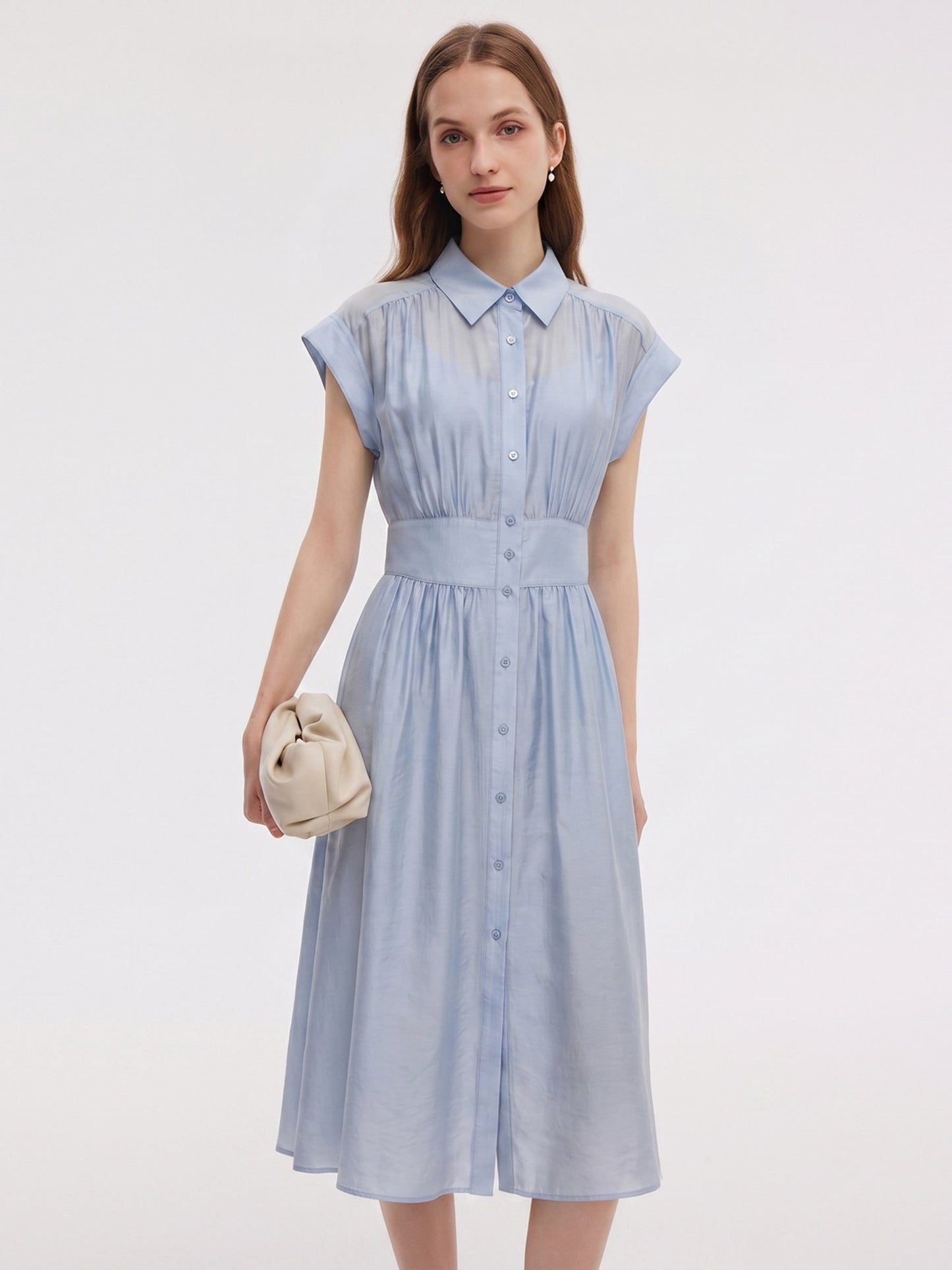 Tencel Blend Women Midi Shirt Dress With Slip