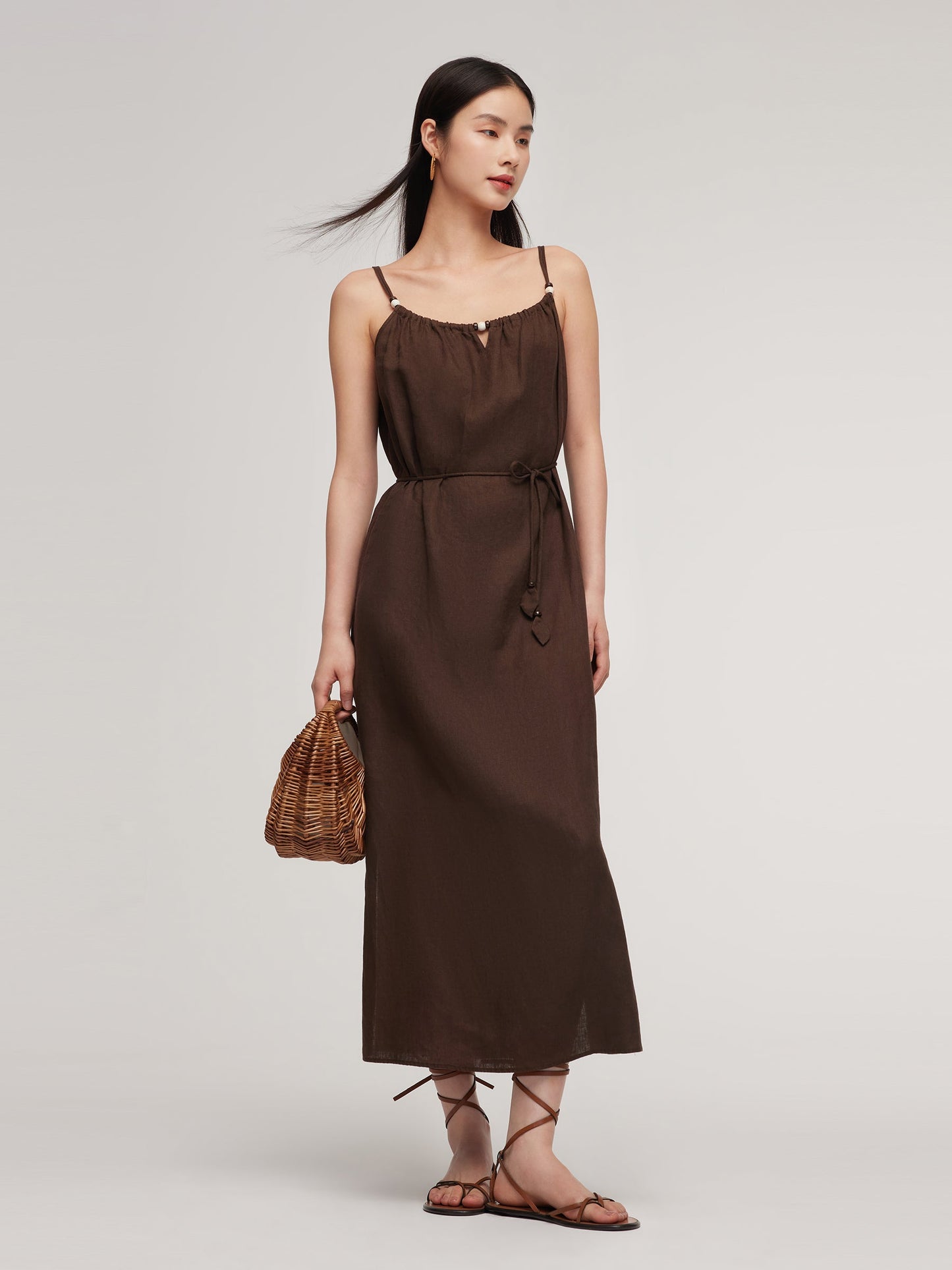 100% Linen Women Strap Maxi Dress With Tie String Belt