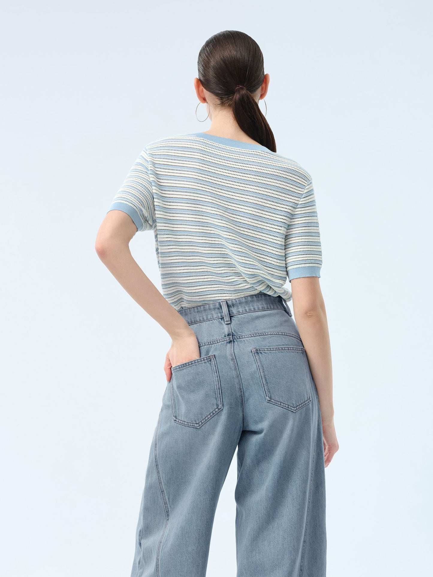 Lyocell Blend Blue And White Stripe Women Knit Top