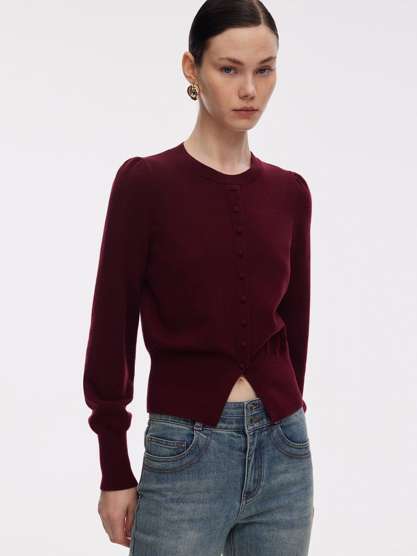 Tencel Blend Puff Long Sleeve Women Knit Top