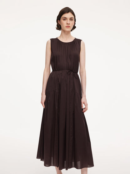 Cotton Blend A-line Women Sleeveless Maxi Dress With Self-Tie Belt