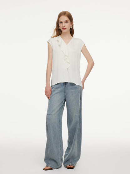 22MM Mulberry Silk Asymmetrical Ruffle Women Blouse