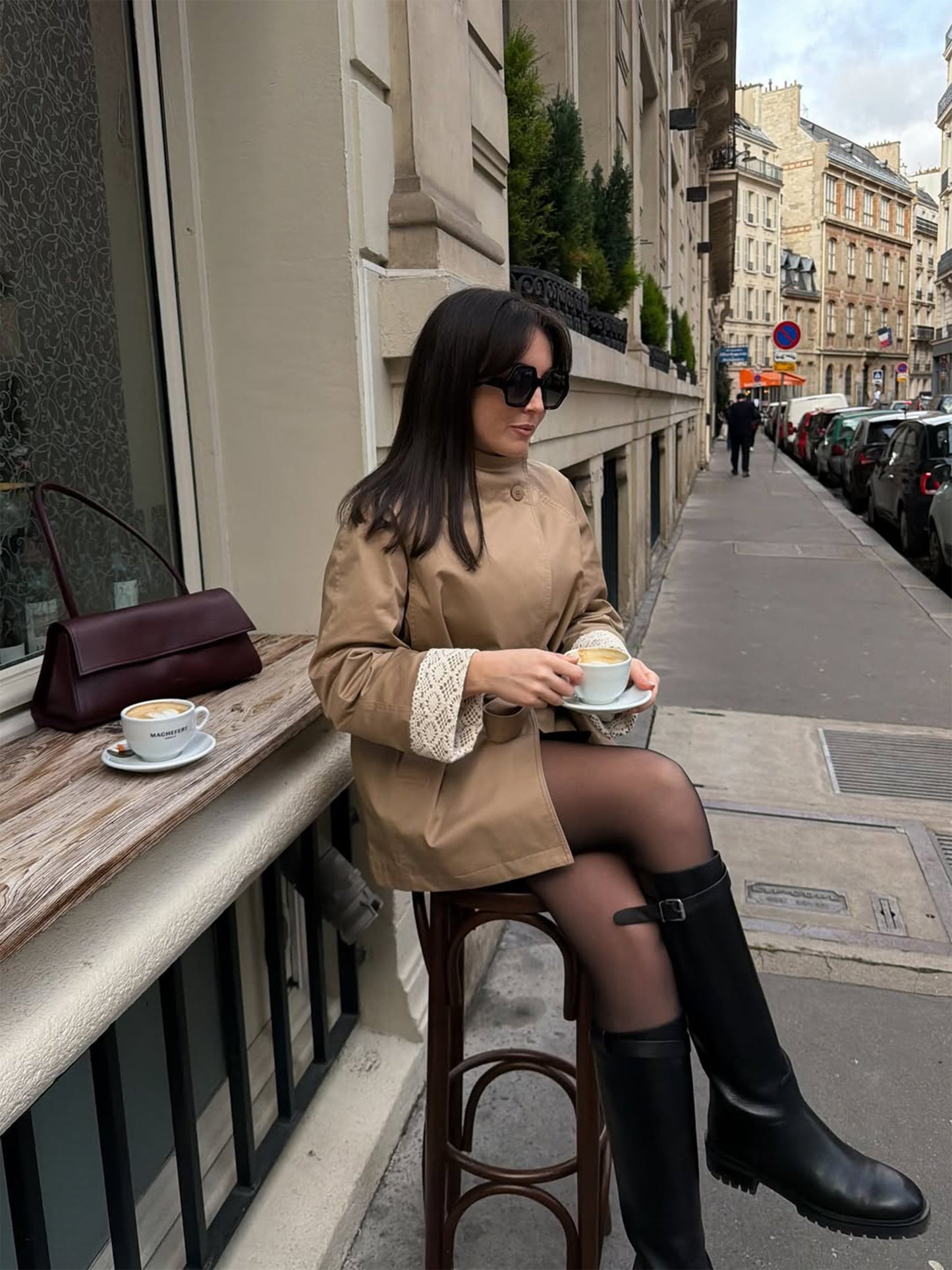 Cotton Stand Collar Lace Cuffs Women Self-Tie Belt Trench Coat