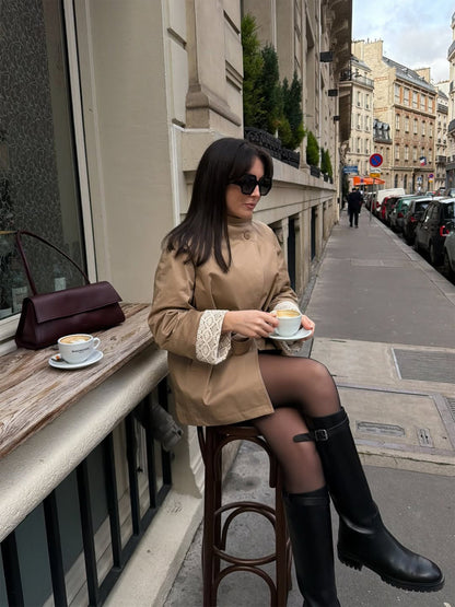 Cotton Stand Collar Lace Cuffs Women Self-Tie Belt Trench Coat