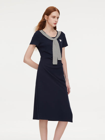 Stripe Scarf Neck Women Slit Knit Midi Dress