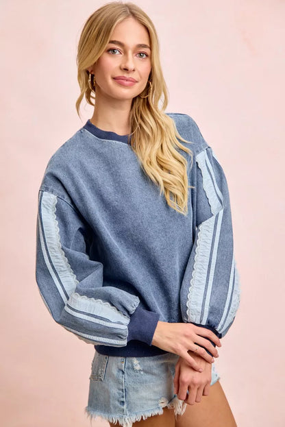 BiBi Washed Denim Lace Contrast Sided Sweatshirt