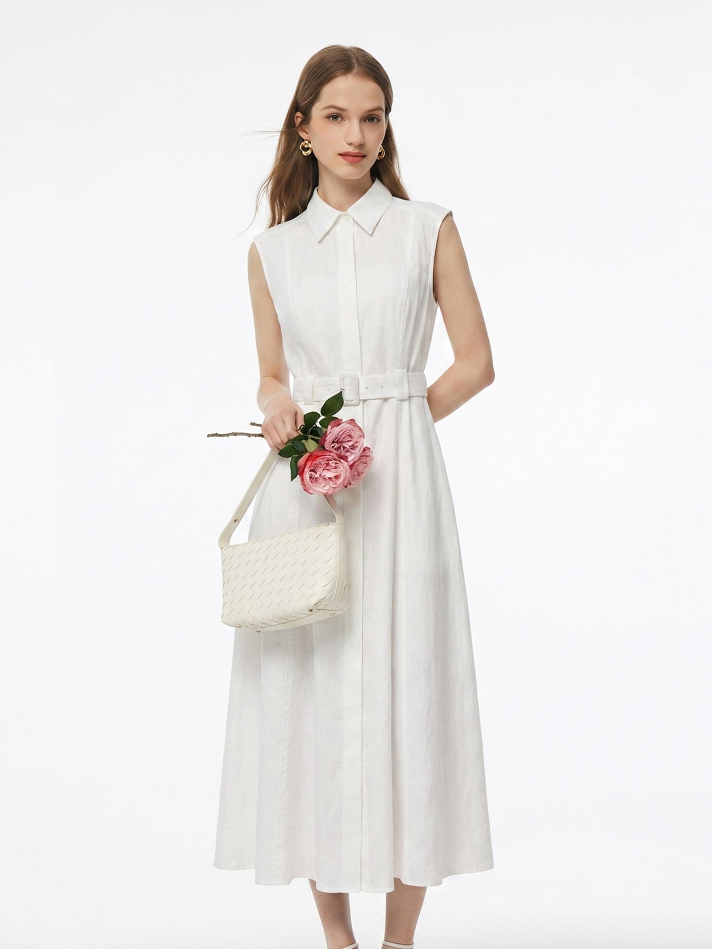 100% Linen Women Maxi Shirt Dress With Belt And Slip Lining
