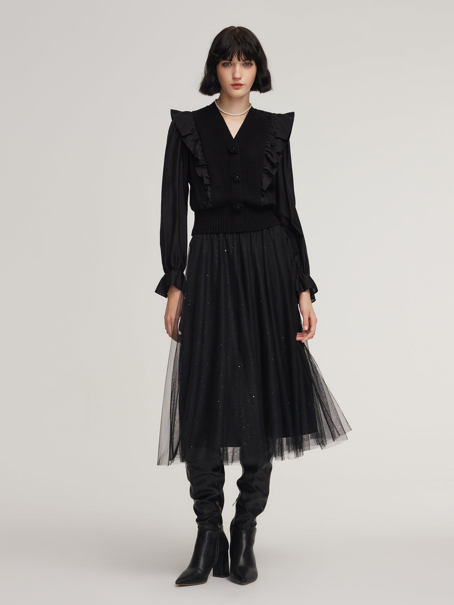 Tencel Wool Blend Long Sleeve Knit Top And Sequins Skirt Two-Piece Set